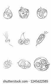 Ink-drawn style fruits and vegetable on white background. Black curly strokes