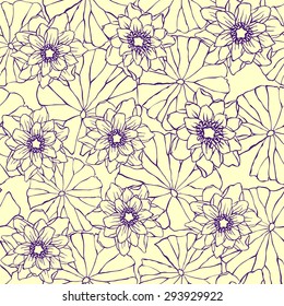 Ink-drawn water lotus flowers - vector seamless pattern