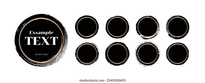 Estilos de pincel de círculo entintado con marco dorado y elemento negro en diseño de fondo. Ilustración vectorial. 