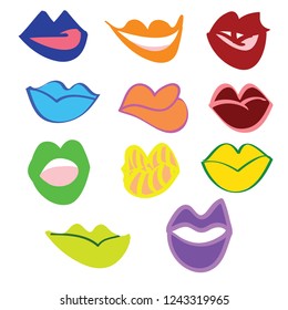Inked colorful lips set. Vector illustration isolated on background. Collection of lips doodle in different expressions: kiss, half open mouth, smile. Lips illustration for prints, fashion textile
