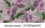 Inked floral seamless pattern featuring dahlia, datura, and leafy blooms in classic purple tones. Colorful yet refined botanical composition, perfect for fabric, gift wrap, or garden-inspired art.