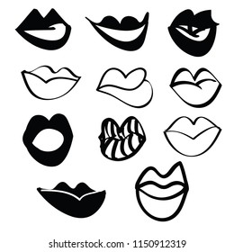 Inked lips set. Vector illustration isolated on background. Collection of lips doodle in different expressions: kiss, half open mouth, smile
