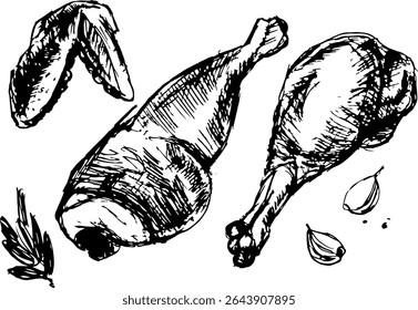 Inked sketch of raw chicken parts with garlic and herbs