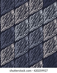 Inked strokes in diamond shape on blue.Seamless pattern. Fabric design. Simple hand drawn hatched design.