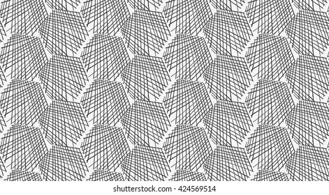 Inked strokes in hexagon shape on white.Seamless pattern. Fabric design. Simple hand drawn hatched design.