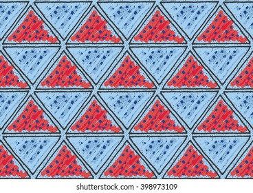 Inked triangles with red and blue.Hand drawn with ink and marker brush seamless background.Six color pallet collection.