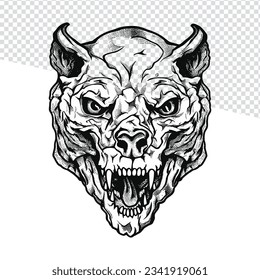 Untot aufgemacht: Zombie Tiger Head Skull Outline Design für Flash-Tätowierungen, Farbseiten und Doodle Art