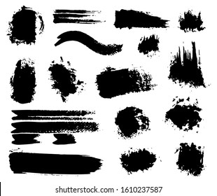 Inked Vector Paint Brush Strokes Set. Big Collection of Black Silhouettes, Paintbrushes, Hand-made Acrylic Wet Blot and Dry Paint Splatters and Waves, Grunge Smear and Dynamic Textured Splotches