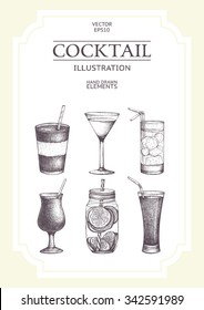 Inking Hand drawn sketch set of  cocktails. Vector vintage drinks illustration collection