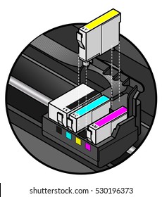 Inkjet printer cartridges being installed. individual tanks of cyan, yellow, magenta and large capacity black - for 4-colour printing.