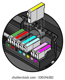 Inkjet printer cartridges being installed. individual tanks of cyan, yellow, magenta and black; plus light/pale cyan, light/pale magenta, red and green - for 8-colour high-fidelity printing.