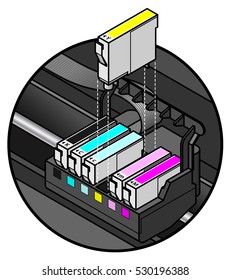 Inkjet printer cartridges being installed. individual tanks of cyan, yellow, magenta and black; plus light/pale cyan, light/pale magenta - for 6-colour high-fidelity printing.