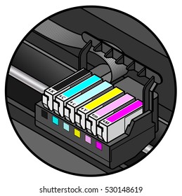 Inkjet printer cartridges installed. individual tanks of cyan, yellow, magenta and black; plus light/pale cyan, light/pale magenta - for 6-color high-fidelity printing.