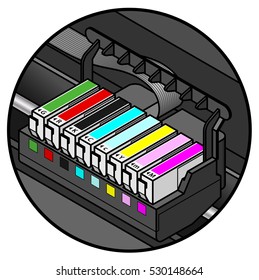 Inkjet printer cartridges installed. individual tanks of cyan, yellow, magenta and black; plus light/pale cyan, light/pale magenta, red and green - for 8-color high-fidelity printing.