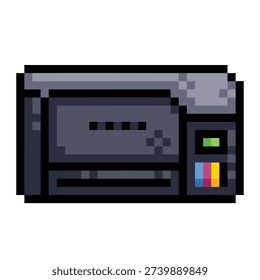 Inkjet printer machine pixel art colorful illustration isolated on square white background.