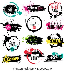 Inks splashes, badges, emblem, stickers design with discount, sale text. Vector collection. Isolated on white background for design use