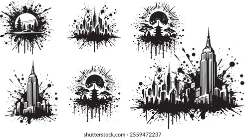 Ink-splatter cityscapes and landscapes featuring iconic buildings, pagodas, and nature silhouettes in a dramatic black-and-white abstract art style