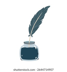 Inkstand with a quill pen isolated on a white background. Vector hand-drawn illustration in flat style. Perfect for decorations, logo, various designs.