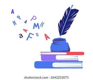 Inkwell completo com inkpot e pena, ilustração vetorial para a criação de conteúdo copywriting e banners temáticos de literatura.