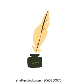 Inkwell with feather. The element of magic. Vector illustration in flat hand drawn cartoon style. Isolated over white background.