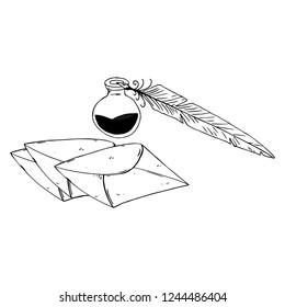 Inkwell with feather and envelope hand drawn. Vector illustration of envelope with inkwell with feather. Mail envelope in ink pen.