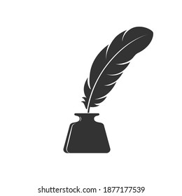 Inkwell and feather graphic icon. Ink feather in the inkwell sign isolated on white background. Vintage symbol. Vector illustration