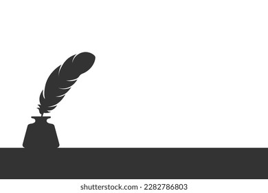 Inkwell and feather graphic silhouette. Ink feather with inkwell on the black flat surface. Literature background with  blank space. Vector illustration