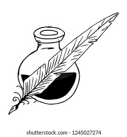 Inkwell with feather hand drawn. Vector illustration inkwell and feather. Inkwell with pen icon.