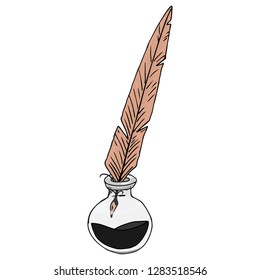 Inkwell with feather hand drawn. Vector illustration inkwell and feather. Inkwell with pen icon.