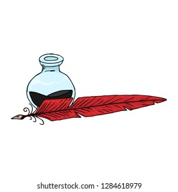 Inkwell with feather hand drawn. Vector illustration inkwell and feather.  