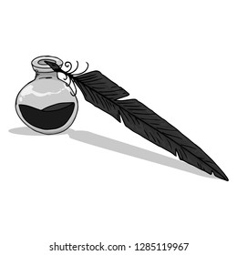 Inkwell with feather hand drawn. Vector illustration inkwell and feather. Inkwell with pen icon.
