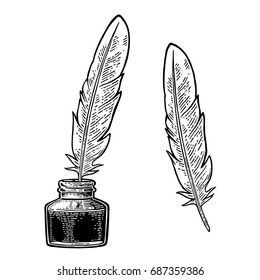 Inkwell, with feather isolated on white background. Vector black vintage engraving illustration. Hand drawn in a graphic style.