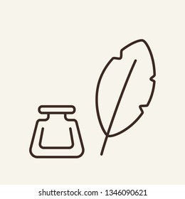 Inkwell and feather line icon. Pen, ink, nib. Office concept. Vector illustration can be used for topics like handwriting, writer, calligraphy