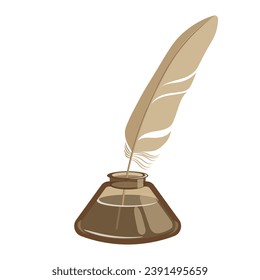 Inkwell with feather on a white background. Illustration in flat style, vector