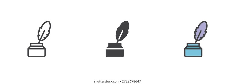 Inkwell con pluma icono de estilo diferente conjunto para escribir. Línea, sólido y llenado Vector de color de contorno signo y símbolo. Paquete de iconos clásicos para autores y tradición de iconos de libros.