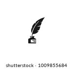 Inkwell and feather pen logo template. Ink bottle and quill pen vector design. Writer illustration
