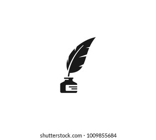 Inkwell and feather pen logo template. Ink bottle and quill pen vector design. Writer illustration