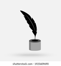 Inkwell and feather pen logo template. Ink bottle and quill pen vector design. Writer illustration.