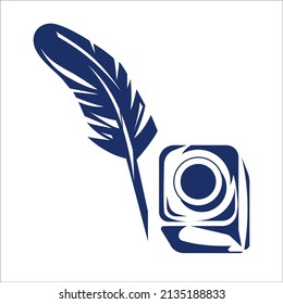 Inkwell and feather pen logo template. Ink bottle and quill pen vector design. Writer illustration
