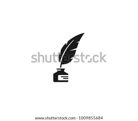 Inkwell and feather pen logo template. Ink bottle and quill pen vector design. Writer illustration