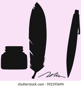 inkwell, feather, pen, vector silhouette isolated