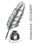 Inkwell and feather quill dip pen in vintage engraving style. Hand drawn sketch vector illustration