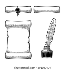 Inkwell with feather and scroll with seal. Isolated on white background. Vector black vintage engraving illustration. Hand drawn in a graphic style.