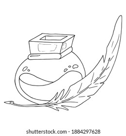 Inkwell with a feather. Vector vintage inkwell with feather.
