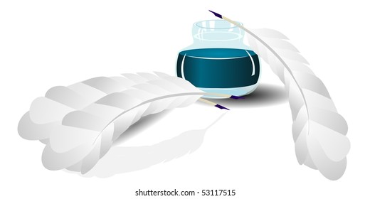 Inkwell and feathers
