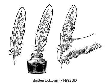 Inkwell and female hand holding a goose feather. Vector black vintage engraving illustration for poster, label, banner, web. Isolated on white background