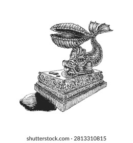 Inkwell, hand drawn illustration in vector, antique inkstand drawing in engraving style