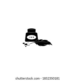 Inkwell Icon with Feather Pen Flat Logo Icon Design Vector	
