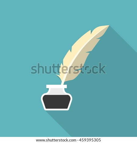 Inkwell icon with feather pen icon, flat design