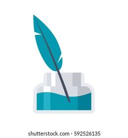 Inkwell and old ink pen, vector illustration in flat style